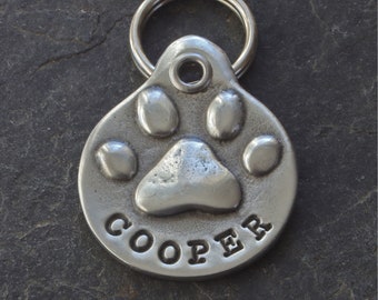 Personalized Dog ID Tag for Collar, Custom Metal Paw Print, Hand Stamped