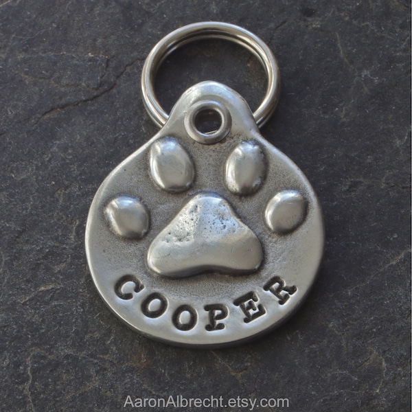 Personalized Dog ID Tag for Collar, Custom Metal Paw Print, Hand Stamped