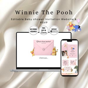 Winnie The Pooh - Digitale Babyparty-Website-Vorlage - Rosa Farben-Einladung - Bearbeitbare Canva-Website - Antwortwünsche Bild 1