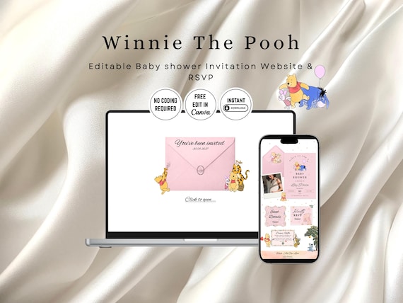 Winnie The Pooh - Digital Baby shower Website Template - Pink Color Invitation - Editable Canva Website - RSVP