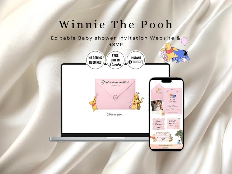 Winnie The Pooh - Digitale Babyparty-Website-Vorlage - Rosa Farben-Einladung - Bearbeitbare Canva-Website - Antwortwünsche Bild 1