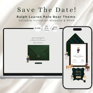 Może przedstawiać: Laptop i smartfon wyświetlające cyfrowy szablon zaproszenia na baby shower z motywem Ralph Lauren Polo Bear. Ekrany pokazują zielone koperty, ilustracje misiów oraz tekst Save The Date, Ariel & Eric's Baby Shower.