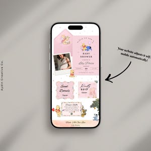Winnie The Pooh - Digitale Babyparty-Website-Vorlage - Rosa Farben-Einladung - Bearbeitbare Canva-Website - Antwortwünsche Bild 3