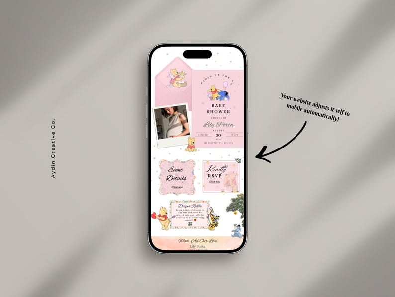 Winnie The Pooh - Digitale Babyparty-Website-Vorlage - Rosa Farben-Einladung - Bearbeitbare Canva-Website - Antwortwünsche Bild 3