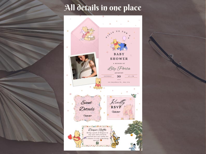 Winnie The Pooh - Digitale Babyparty-Website-Vorlage - Rosa Farben-Einladung - Bearbeitbare Canva-Website - Antwortwünsche Bild 9