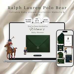 Strona internetowa z zaproszeniem na baby shower z misiem Polo Ralph Lauren, zaproszenie w stylu preppy teddy bear (szablon Canva)