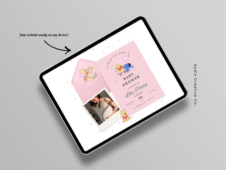 Winnie The Pooh - Digitale Babyparty-Website-Vorlage - Rosa Farben-Einladung - Bearbeitbare Canva-Website - Antwortwünsche Bild 4