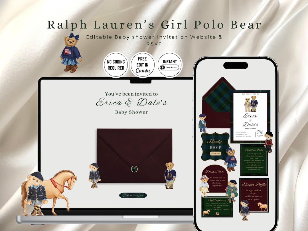 Ralph Lauren's Girl Polo Bear Baby Shower Invitation Website, Preppy ...