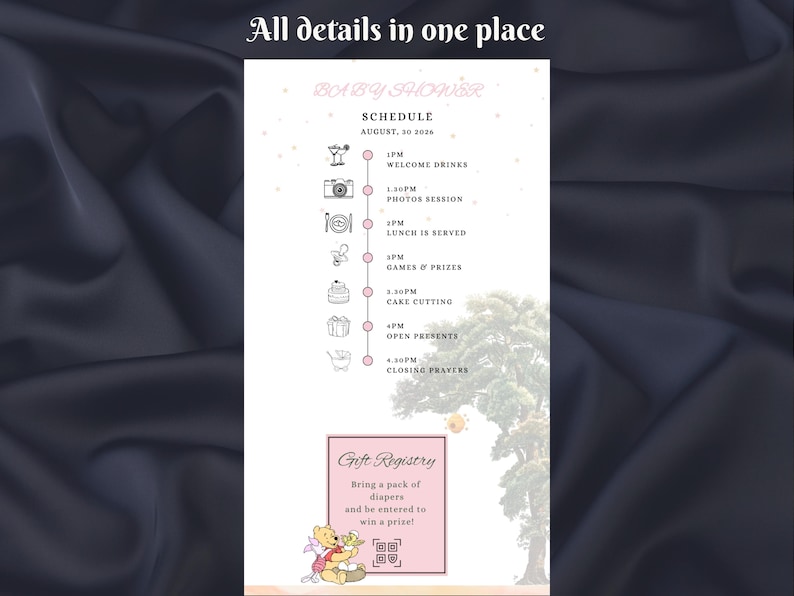Winnie The Pooh - Digitale Babyparty-Website-Vorlage - Rosa Farben-Einladung - Bearbeitbare Canva-Website - Antwortwünsche Bild 10