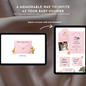 Winnie The Pooh - Digitale Babyparty-Website-Vorlage - Rosa Farben-Einladung - Bearbeitbare Canva-Website - Antwortwünsche Bild 2