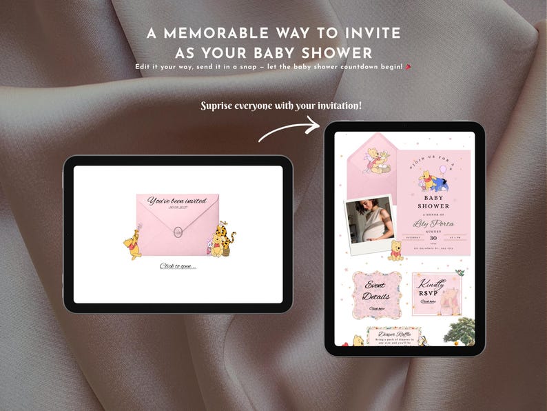 Winnie The Pooh - Digitale Babyparty-Website-Vorlage - Rosa Farben-Einladung - Bearbeitbare Canva-Website - Antwortwünsche Bild 2