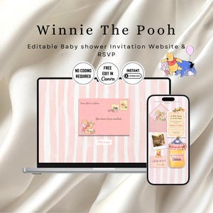 Winnie The Pooh Baby Shower Website Invitation – Pink Editable Canva Template (Digital Download)