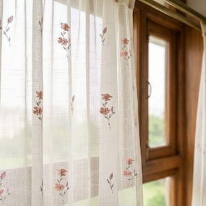 Linen Sheer Curtain Panels | Wildflower Floral Print | Cottagecore Boho Curtains Custom Size | Light Filtering Linen Drapes
