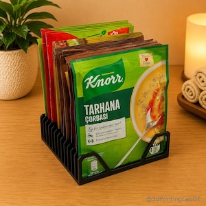 May include: A black plastic organiser rack holding multiple rectangular food packets in a vertical row. The front packet is green with the text Knorr Tarhana Çorbasi, featuring an image of a bowl of soup with a spoon and various nutritional icons.