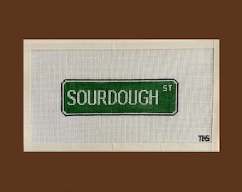 Sauerteigstraße – Straßenschild – Stickvorlage, 18 Maschen, Stickset, handbemalt, für Anfänger