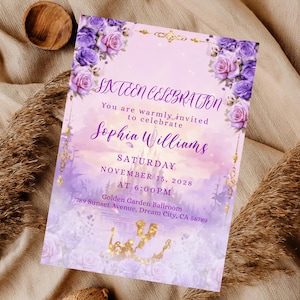 May include: A Sixteen Celebration invitation with a soft purple and pink watercolor background. The invitation features floral accents, gold embellishments, and the text "Sophia Williams" with event details.