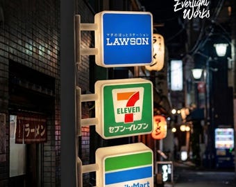 Juego de 3 imanes con letreros luminosos LED para tiendas de conveniencia japonesas / Exhibidor en miniatura para callejones nocturnos de Konbini / Juego de imanes personalizados impresos en 3D