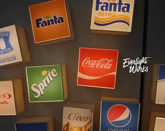 Imanes luminosos vintage para refrescos / Mini cajas de luz de Coca-Cola, Fanta, Sprite y Pepsi / Decoración de ambiente retro