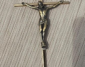Crucifix INRI Solid Metal Gold Tone Cross Wall Hanging 10 Inch Rare Brass Gift