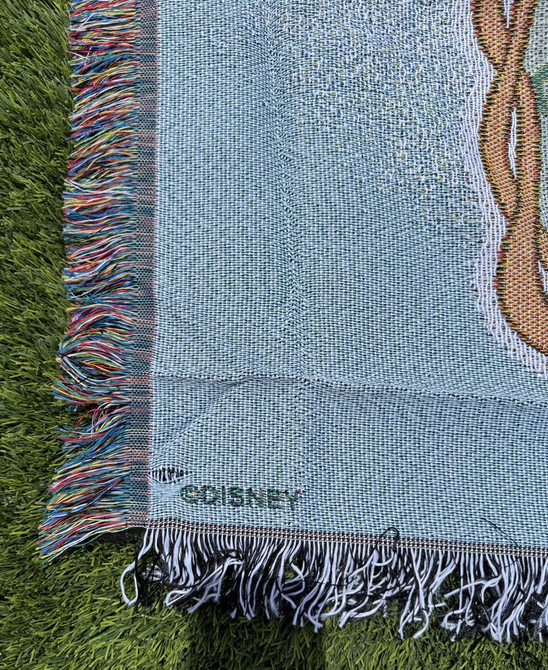 May include: Light blue woven throw blanket with a decorative design and fringed edges. The blanket has a textured appearance and features a multi-colored fringe on one side and a black and white fringe on the other. The word "&copy;DISNEY" is visible.