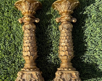 2 Vintage Ornate Gold Rococo Syroco Pillar Candle Holders Pedestal 11.5x4 Rare