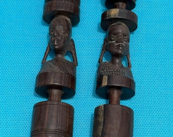 Set Pair of Hand Carved African Ebony Wooden Candleholders Candlesticks rare