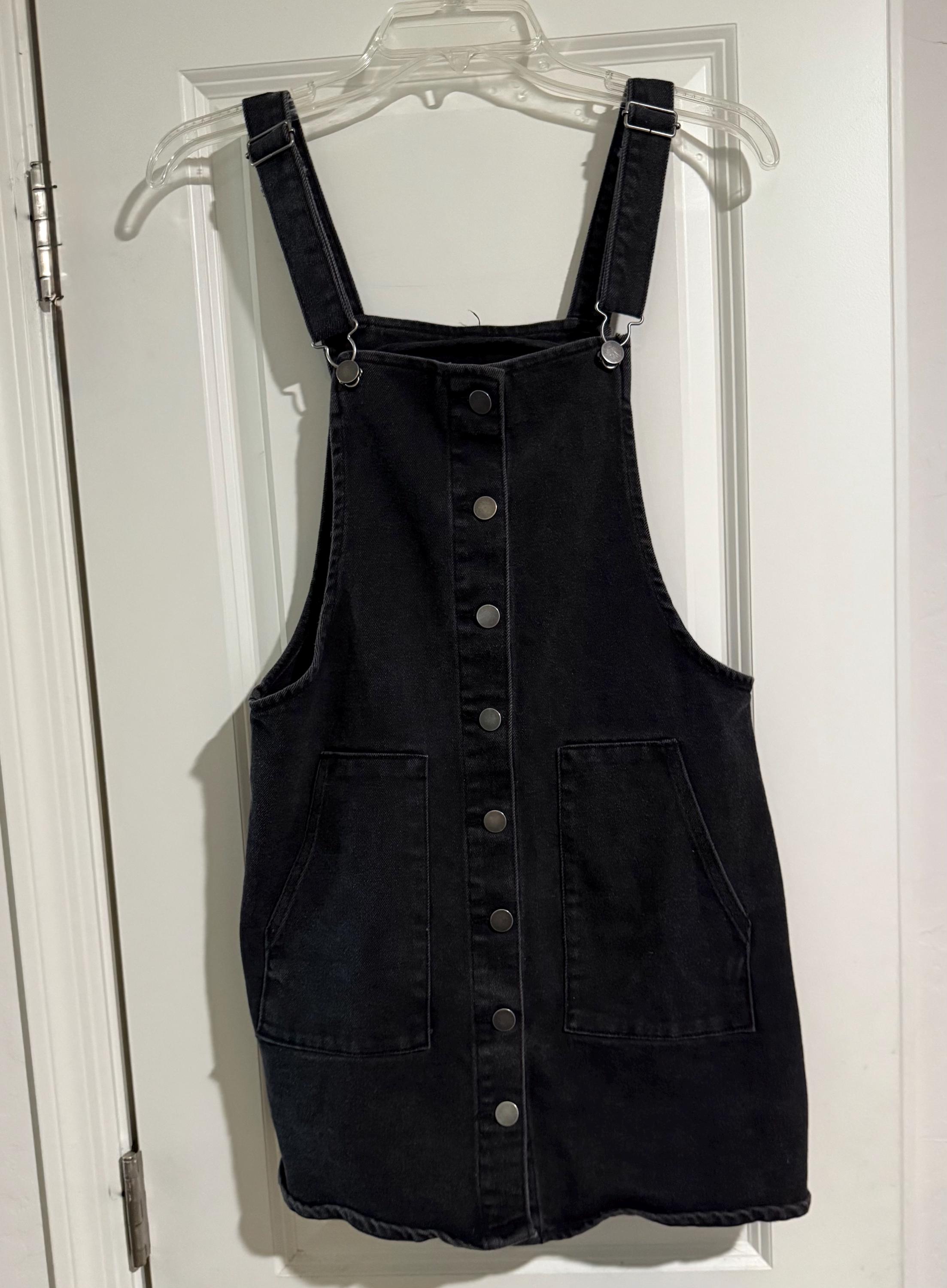 overall dress black denim Women's Outfit: Black Denim Overall Dress, White and Black Horizontal Striped Crew-neck T-shirt