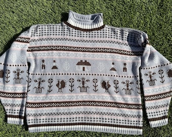 Vintage 90s Hot Cashews Granny Farm Country Pattern Knit Sweater Mock USA Made- size large- oversized large fit