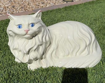 Vintage XLarge Mold Ceramic Cat Statue Figurine Persian Lying Blue Eyes 18x10x9 inches- sturdy heavy beautiful piece