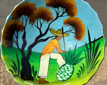 Talavera Handmade Painted Mexican Salsa Bowl Footed Playa Del Carmen Vintage 7 1/4” wide 2 3/4” tall