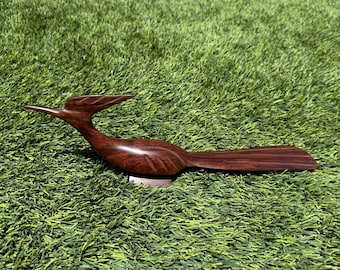 Vintage MCM Hand carved Ironwood Roadrunner 14” Long Wooden Bird Decor Cabin Rustic farm cottage boho made in Mexico