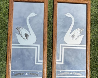 2 Vintage Swan Etchings Framed Mirror Rare Art Deco MCM Cabin Cottage Boho 21.5” Mother’s Day Father’s Day gift