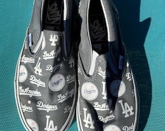 Vans MLB Los Angeles Dodgers Slip-On Canvas Gray Sneakers Men 7 / Women 8.5 slight wear, see pics