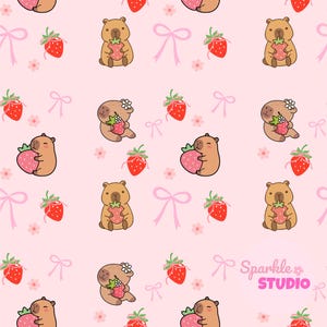 May include: A repeating pattern on a light pink background featuring cartoon capybaras holding red strawberries, small pink bows, and tiny flowers. The text Sparkle STUDIO is printed in pink in the bottom right corner of the design.