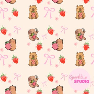 May include: A repeating pattern featuring cartoon capybaras holding strawberries, pink bows, and small pink flowers on a light beige background. The image has a cute, whimsical aesthetic, suitable for children's products.