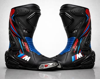 Botas de motociclismo BMW MotoGP: botas de motociclismo de piel de vacuno hechas a mano para motociclistas profesionales.