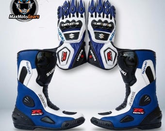 Suzuki GSX-R Motorcycle Racing Boots & Gloves Set – CE Approved Handmade Genuine Leather Riding Gear