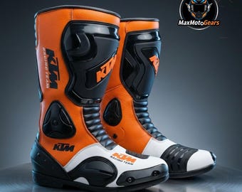Botas de moto de competición KTM hechas a mano: equipo de alto rendimiento para MotoGP de cuero genuino con certificación CE