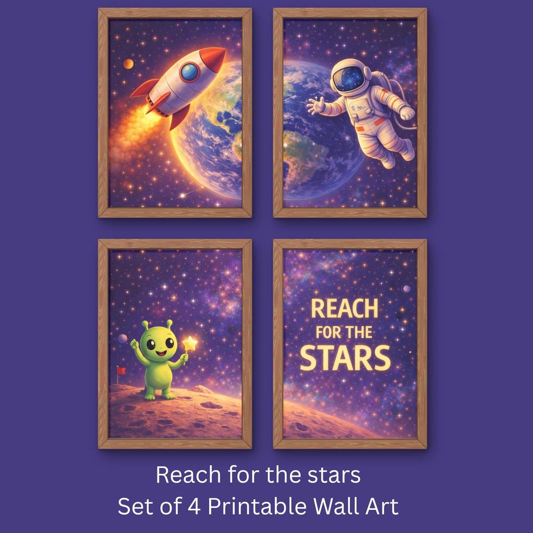 Space Wall Art Set of 4 + 1, Rocket Astronaut Prints, Kids Space ...