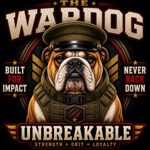 May include: A digital illustration of a bulldog wearing a military uniform and cap. The text "THE WAR DOG" is at the top, with "BUILT FOR IMPACT" and "NEVER BACK DOWN" on the sides. The bottom reads "UNBREAKABLE" with "STRENGTH, GRIT, LOYALTY" below.