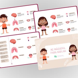 Puede incluir: Gráficos educativos con ilustraciones del cerebro, los pulmones, la boca y las cuerdas vocales. Los gráficos incluyen niños de dibujos animados y texto en español. La frase "MI MÁQUINA PARA HABLAR" es visible.