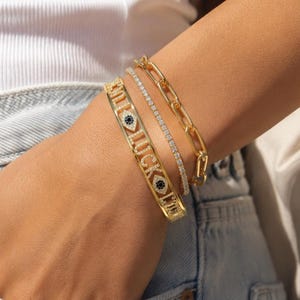 Evil Eye Lucky Bangle, Gold Filled Tennis, Paperclip Chain Bracelet Stack