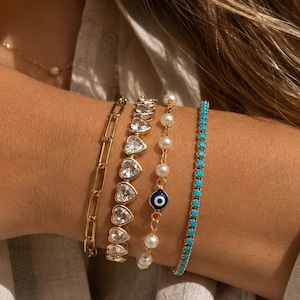 18K Gold Filled Turquoise Evil Eye Bracelet Stack, Paperclip Chain, Heart Tennis Bangle