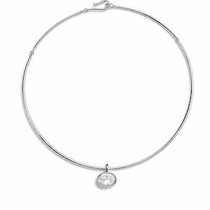 May include: A silver-toned necklace with a delicate, thin band. The necklace features a small, oval-shaped pendant with a clear, sparkling stone. The clasp is a simple hook and eye closure. The jewelry is displayed against a white background.