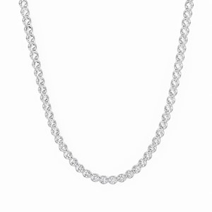 May include: A silver-toned tennis necklace featuring a continuous row of round, clear, faceted stones set in individual circular metal bezels. The necklace forms a symmetrical U-shape, showcasing a uniform design of linked, sparkling circular settings.