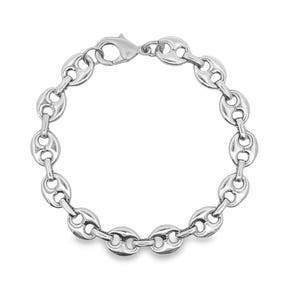 May include: A silver-colored bracelet featuring a series of interconnected, oval-shaped links. The links have a distinctive, bean-like design, creating a bold and stylish accessory. The bracelet is secured with a lobster clasp.