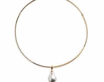 Gold Plated Pearl Collar Necklace, Freshwater Pearl Pendant, Modern Statement Choker, Omega