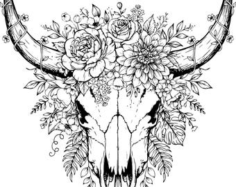 Floral Cow Skull SVG PNG | Boho Longhorn Botanical Art | Farmhouse Wall Decor Cut File