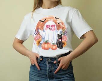 Spooky Season Shirt Design | Floral Ghost Black Cat Halloween PNG | Fall Sublimation Download