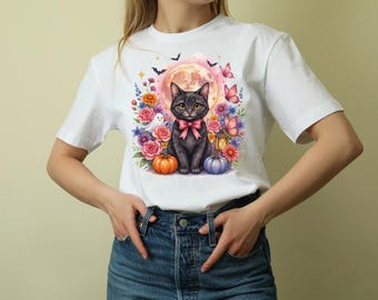 Floral Fall PNG | Black Cat Halloween Sublimation Design | Spooky Season Shirt Download